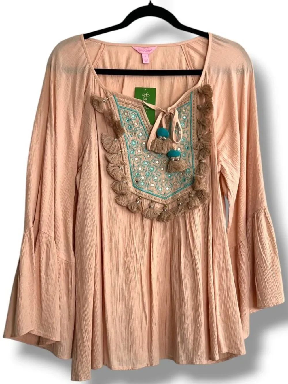 NWT! Lilly Pulitzer Shandy Top XL Sandstone Bell Sleeve Boho Tassel Gauze Blouse